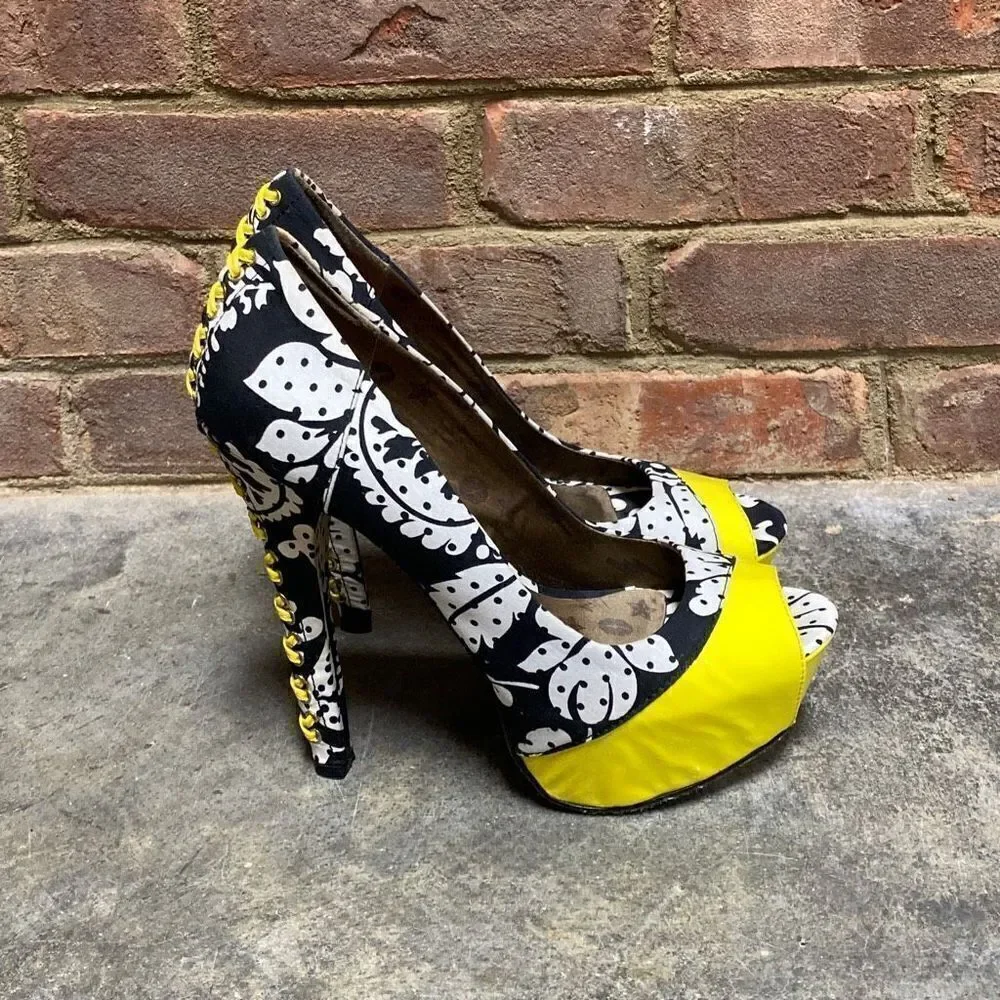 Betsey Johnson Black-White-Yellow Peep Toe Platform Stiletto Heels Size 8.5 - Picture 4 of 12